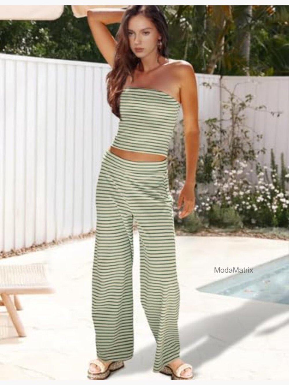 2 Piece Striped Tube Top and Wide Leg Pant Set Summer Outfit Vacation Clothes - Picture 4 of 7